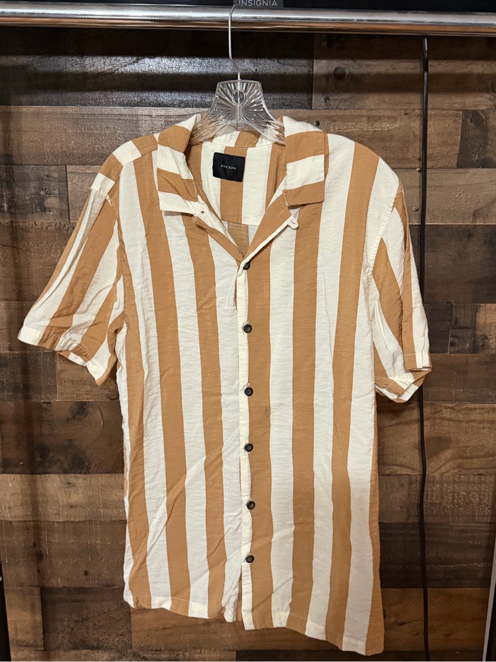 PacSun Tan & Cream Vertical Stripe Short-Sleeve Camp Shirt